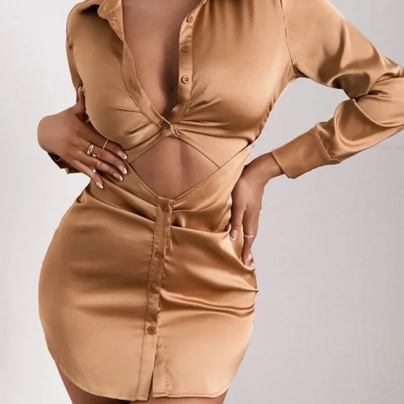 gold satin shirt dress Franchesca | Puff Sleeve Gold Shirt Dress